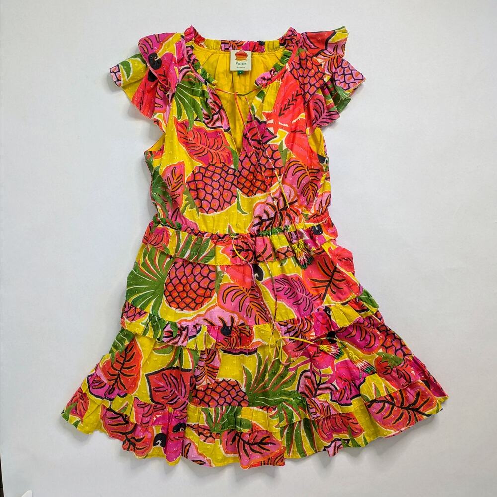 Farm Rio Fruit Dream Ruffle Mini Dress Womens S Yellow Pink Sleeveless Tiered